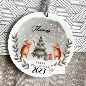 Personalised Happy Christmas gift New Baby Boy Girl child Woodland animal Greenery Ceramic or Acrylic Decoration Ornament Keepsake