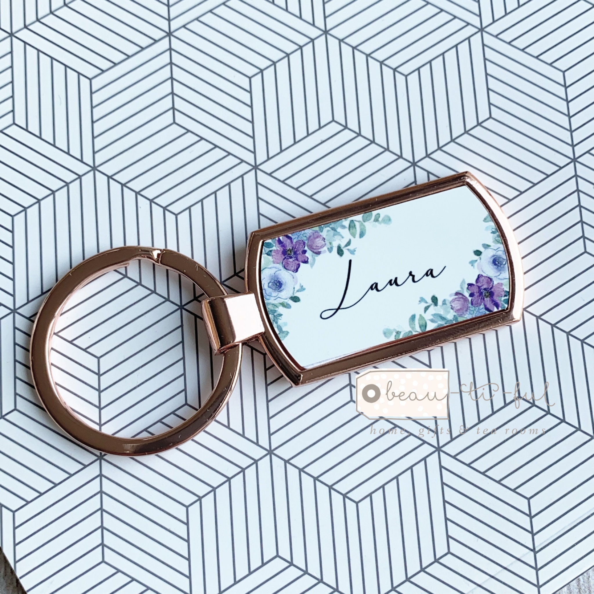 Personalised Name Purple Lilac Floral Greenery Design Silver Rose Gold Key Ring Gift for friend for her