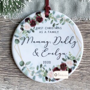 Personalised First Christmas As A Family Mummy Daddy Mommy Dad Mum Burgundy Greenery marble style Ceramic Round Decoration Ornament Keepsake