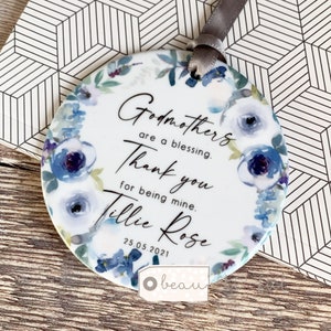 Personalised Godmother Godparents Godfather Thank you Decoration Floral Botanical....Round Ceramic ... - Keepsake Decoration - Ornament