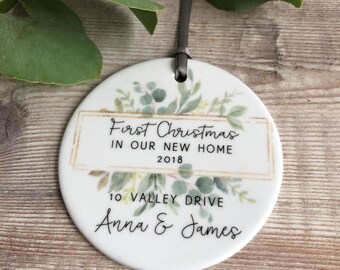 Personalised First Christmas New Home Address Framed Greenery Ceramic Round Decoration Ornament Keepsake