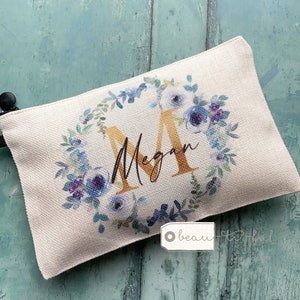 Personalised Name and Initial.. Floral Eucalyptus Greenery Design Linen Style Make up Bag Birthday Gift for Mum Friends Sister Aunt
