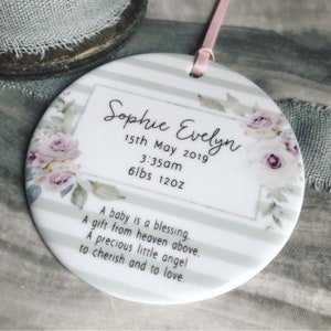 Personalised New Baby Girl Pastel Floral Ceramic Round Decoration Ornament Keepsake