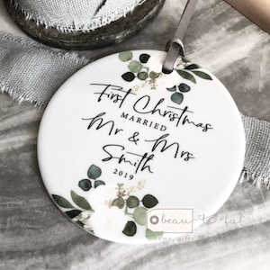 Personalised First Christmas Married Mr Mrs Wedding gift Botanical Ceramic or Acrylic Round Decoration Ornament Keepsake