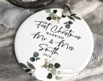 Personalised First Christmas Married Mr Mrs Wedding gift Botanical Ceramic or Acrylic Round Decoration Ornament Keepsake