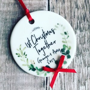 Personalised First Christmas Together Christmas Decoration Botanical....Round Ceramic ... - Tree Decoration - Ornament