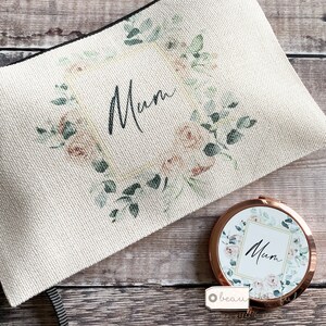 Personalised Name… Roses  Foliage Greenery Design Linen Style Make up Bag Birthday Gift for Mum Friends Sister Aunt