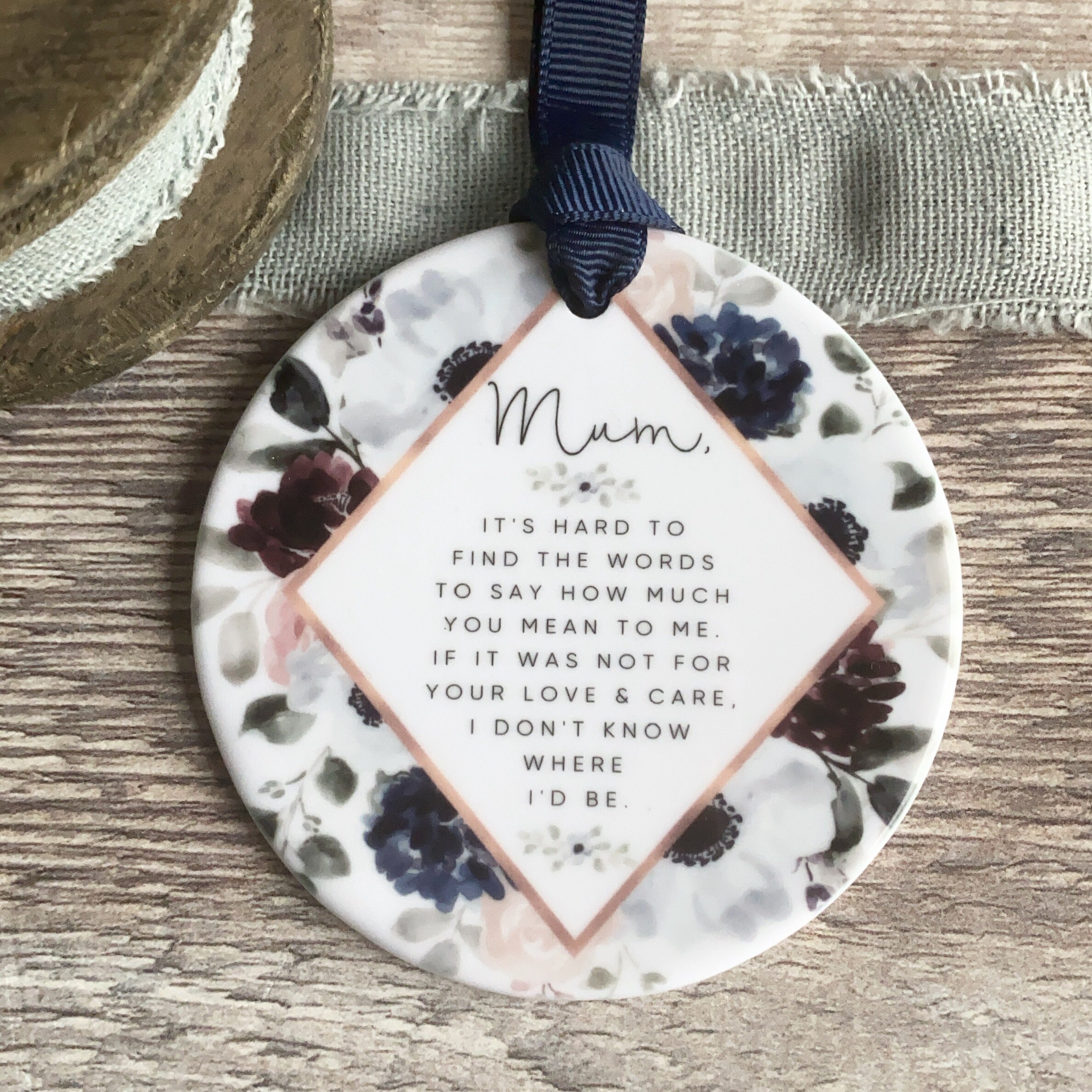 Personalised Mum Mom Stepmum Mummy Quote Navy Floral Ceramic Round Decoration Ornament Keepsake