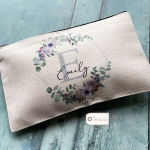 Personalised Name and Initial.. lilac Floral Greenery Design Linen Style Make up Bag Birthday Gift for Mum Friends Sister Aunt
