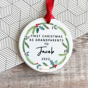 Personalised First Christmas As Grandparents Grandma Nana Grandpa Holly Foliage Geometric Ceramic or Acrylic Decoration Ornament Keepsake