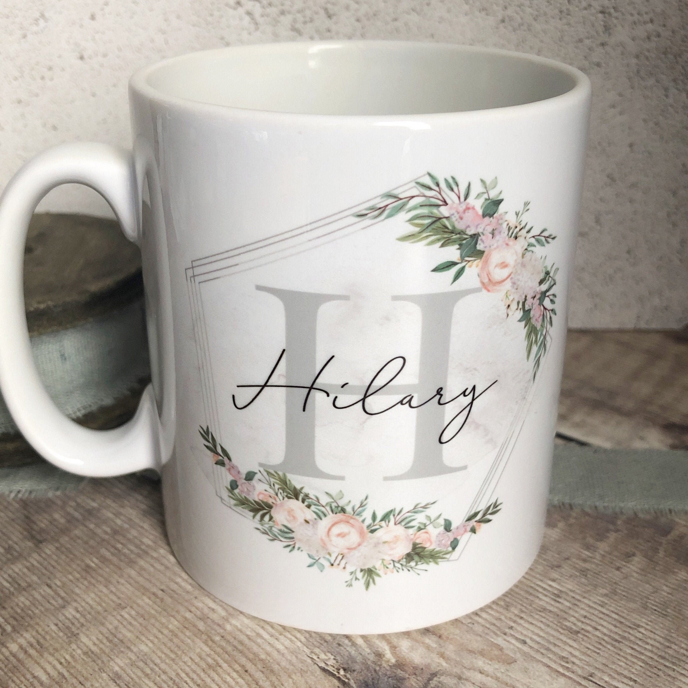 Personalised Initial and Name Mug with Floral Detail Tea Mug Etsy
