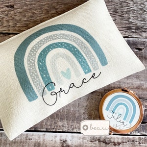 Personalised Name.. Teal Grey Rainbow Design Linen Style Make up Bag Birthday Gift for Mum Friends Sister Aunt