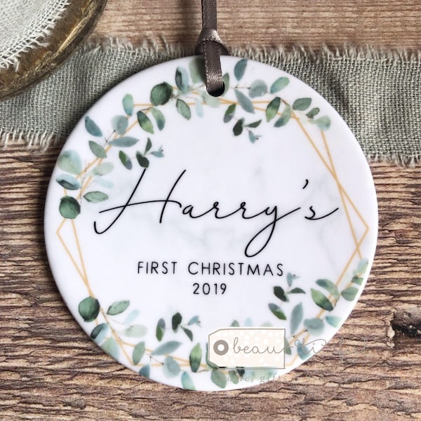 Personalised Baby’s First Christmas gift New Baby Boy Girl Newborn Geometric Greenery Ceramic or Acrylic Round Decoration Ornament Keepsake