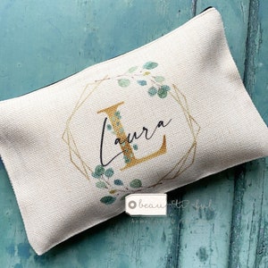 Personalised Name and Initial.. Botanical Greenery Design Linen Style Make up Bag Birthday Gift for Mum Friends Sister Aunt
