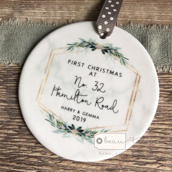 Personalised First Christmas at Address New Home gift Marble Style Botanical Ceramic or Acrylic Decoration Ornament Keepsake Housewarming