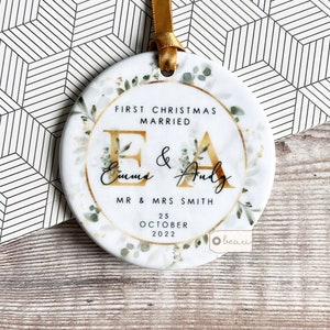 Personalised First Christmas Married Mr Mrs Wedding gift Greenery wreath Ceramic or Acrylic Round Decoration Ornament Keepsake Bauble