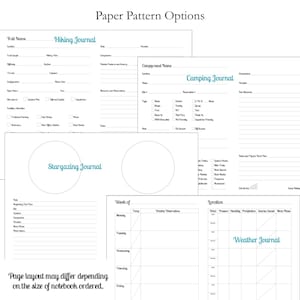 May include: A collection of printable journal pages titled Paper Pattern Options, featuring templates for a Hiking Journal, Camping Journal, Stargazing Journal, and Weather Journal with various fields, checkboxes, and lines for recording data.