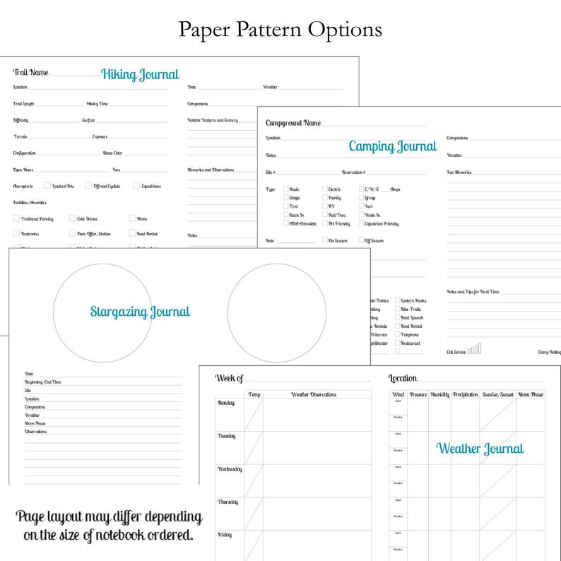 May include: A collection of printable journal pages titled Paper Pattern Options, featuring templates for a Hiking Journal, Camping Journal, Stargazing Journal, and Weather Journal with various fields, checkboxes, and lines for recording data.