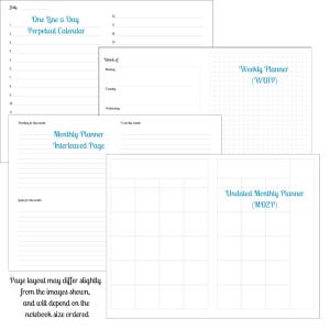 May include: A collection of open notebook pages with various layouts. Includes a "One Line a Day Perpetual Calendar", a "Weekly Planner", and an "Undated Monthly Planner". The text is in a teal color.