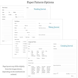 May include: Three white paper pages with different journal layouts. The top page is labeled "Reading Journal" in teal script. The middle page is labeled "Hiking Journal". The bottom page is labeled "Camping Journal". The text "Paper Pattern Options" is at the top.