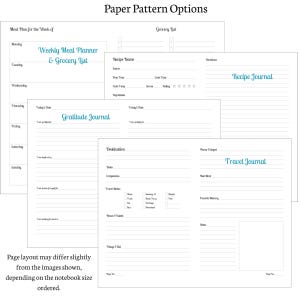 May include: A collection of white paper pages with various layouts for journals and planners. The pages include sections for a weekly meal planner, grocery list, recipe journal, gratitude journal, and travel journal. Text in teal and black.