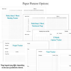 May include: A collection of printable planner pages featuring a Habit, Sleep & Mood Monthly Tracker, an Interleaved Page, a 12 Month Expense Tracker, a Project Tracker, and a Task Tracker. Each page includes grids, lines, and headers.