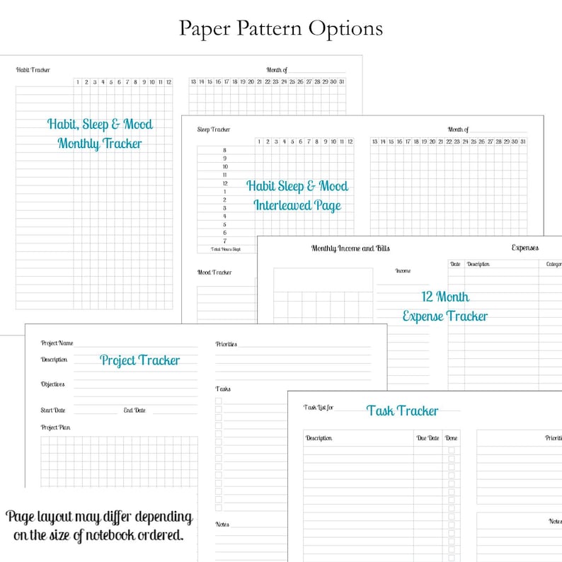 May include: A collection of printable planner pages featuring a Habit, Sleep & Mood Monthly Tracker, an Interleaved Page, a 12 Month Expense Tracker, a Project Tracker, and a Task Tracker. Each page includes grids, lines, and headers.