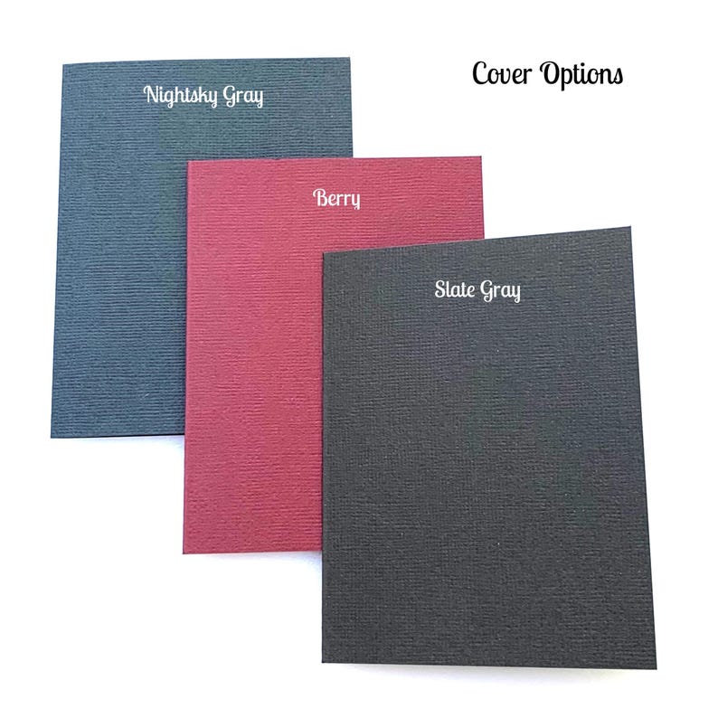 May include: Three different colored cardstock samples: Nightsky Gray, Berry, and Slate Gray.  Cover Options is written at the top of the image.