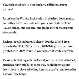 May include: A white informational text block stating that each notebook in a set can have a different paper pattern, including lined, dot grid, or graph options. It specifies 30 sheets of acid-free, FSC certified, 28 lb paper.