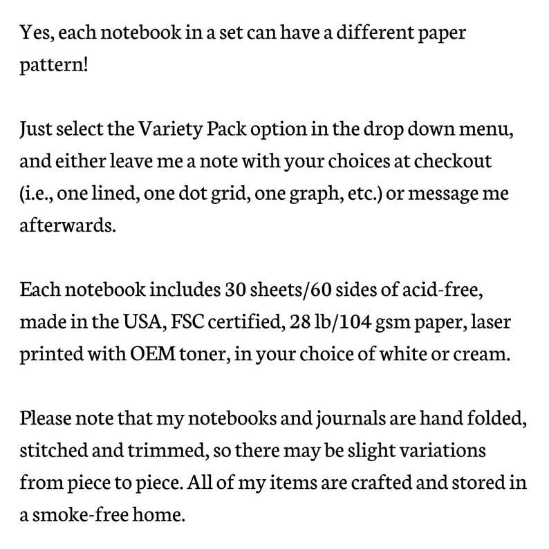 May include: A white informational text block stating that each notebook in a set can have a different paper pattern, including lined, dot grid, or graph options. It specifies 30 sheets of acid-free, FSC certified, 28 lb paper.