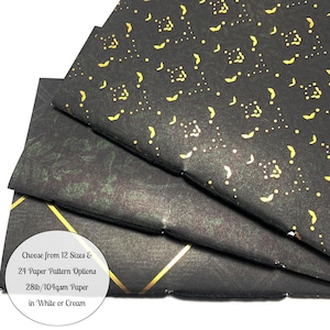 May include: Four sheets of black paper with gold foil patterns. The paper is 28lb/104gsm and available in white or cream. Choose from 12 sizes and 24 paper pattern options.