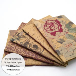 May include: A stack of folded paper sheets featuring vintage-style floral and script patterns in shades of brown and cream. A circular white overlay includes the text: Choose from 12 Sizes & 34 Paper Pattern Options 28lb/104gsm Paper in White or Cream.