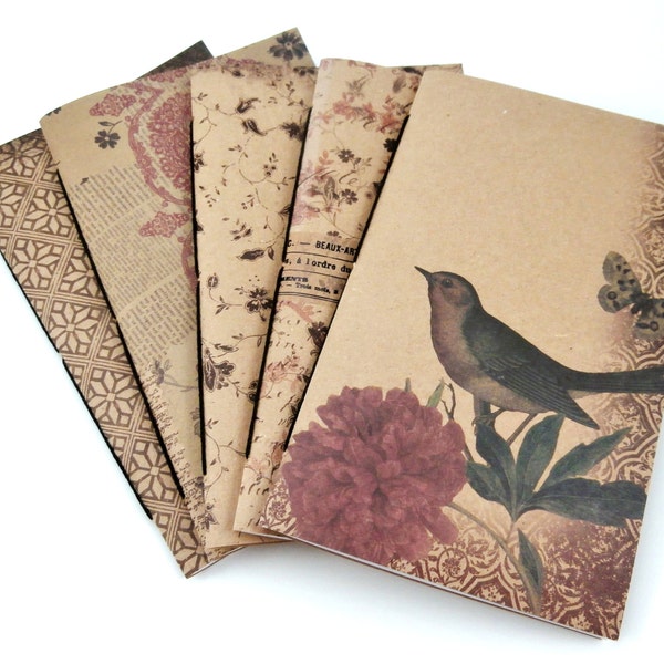 Vintage Style Travelers Notebook Inserts, Floral & Bird Design, Set of 5