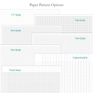 May include: A collection of paper pattern options labeled Paper Pattern Options, featuring 1/4" Graph, 2mm Graph, 3mm Graph, 4mm Graph, 5mm Graph, Engineering Grid, and French Ruled layouts with thin gray lines on a white background.