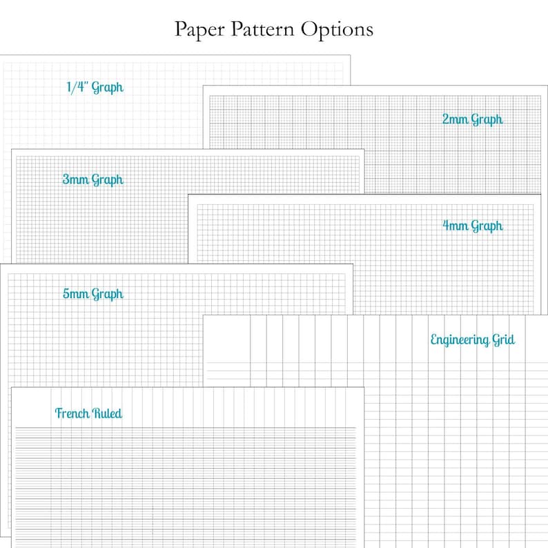 May include: A collection of paper pattern options labeled Paper Pattern Options, featuring 1/4" Graph, 2mm Graph, 3mm Graph, 4mm Graph, 5mm Graph, Engineering Grid, and French Ruled layouts with thin gray lines on a white background.