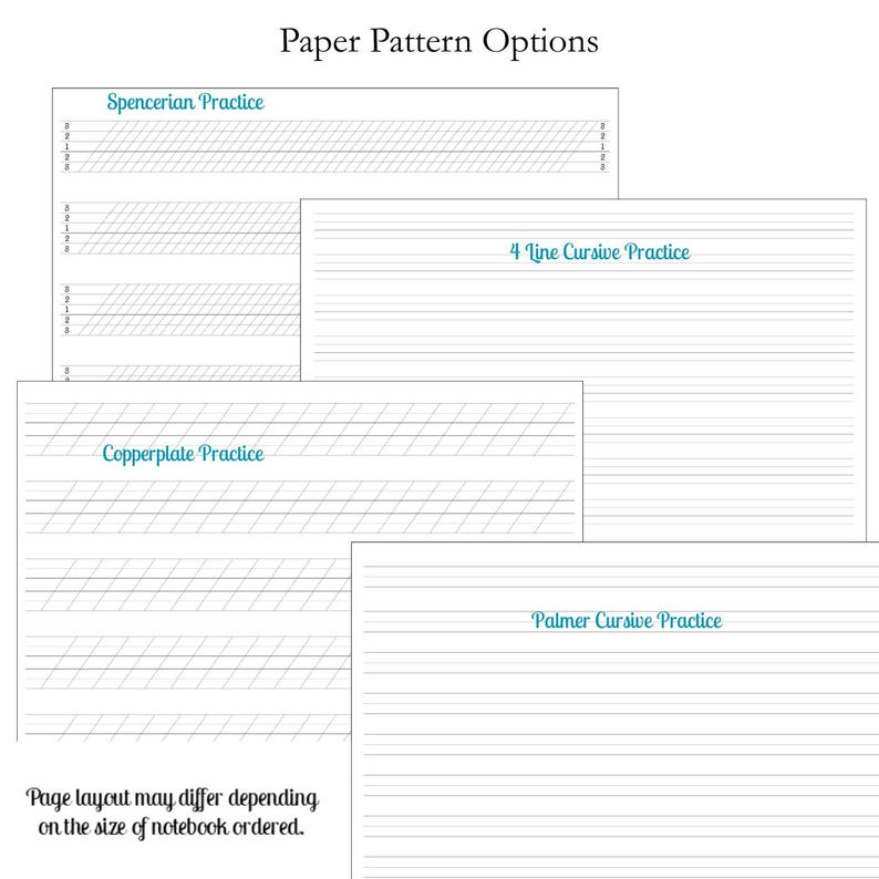 May include: Paper Pattern Options display four writing sheets with teal headers: Spencerian Practice with slanted guidelines, 4 Line Cursive Practice, Copperplate Practice with diagonal guides, and Palmer Cursive Practice with horizontal lines.