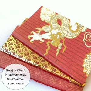 May include: Three red and gold notebooks with a dragon design. Choose from 12 sizes and 24 paper pattern options. 28lb/104gsm paper in white or cream.