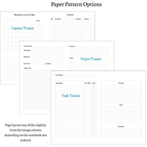May include: Several white paper pages with different planner layouts. The pages include sections for expense tracking, project planning, and task management. The text "Paper Pattern Options" is at the top, and "Expense Tracker", "Project Tracker", and "Task Tracker" are visible.