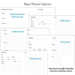 May include: A collection of white paper templates featuring black text and teal headings. The layouts include a Weekly Meal Planner with Grocery List, Recipe Journal, Gratitude Journal, Travel Journal, and Reading Journal with lined sections.