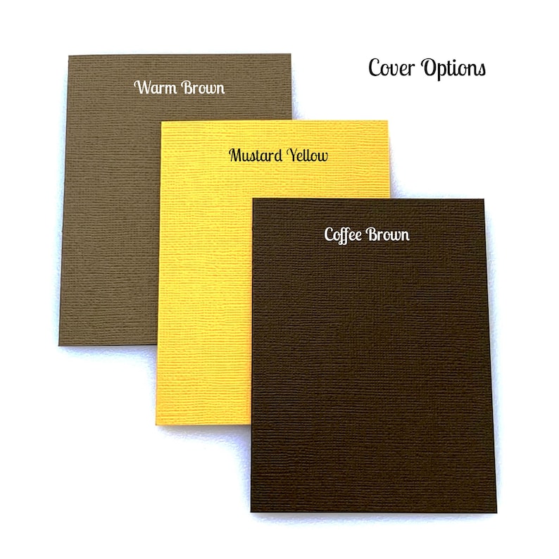 May include: Three paper samples in different colors: warm brown, mustard yellow, and coffee brown. The text "Cover Options" is at the top of the image.