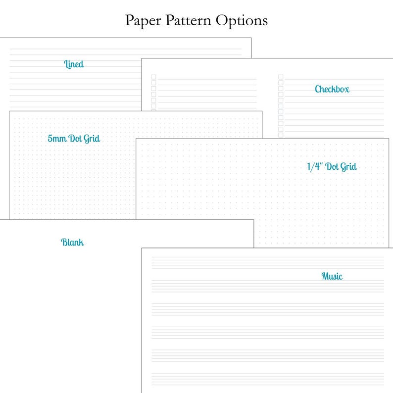 May include: A collection of paper pattern options labeled Paper Pattern Options, featuring Lined, Checkbox, 5mm Dot Grid, 1/4" Dot Grid, Blank, and Music layouts. Each white paper sheet displays its specific grid or line style clearly.