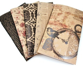 Five Vintage Style Travelers Notebook Inserts: 12 Sizes, 24 Paper Pattern Options
