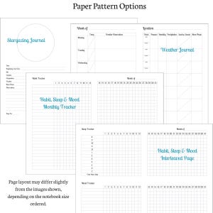 May include: A collection of white paper journal pages with various layouts. The pages include a "Stargazing Journal", "Weather Journal", and trackers for habits, sleep, and mood. Text on the pages includes "Paper Pattern Options" and "Habit, Sleep & Mood Monthly Tracker".
