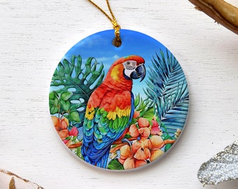 Porcelain Tropical Macaw Parrot Bird Christmas Tree Ornament