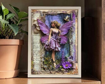 Fairy Wood Framed Metal Sign for Wall or Shelf - Small 7.7 x 5.7 Inch