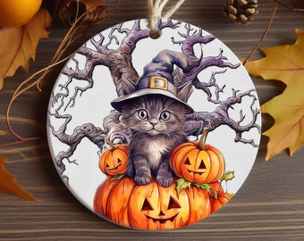 Fall Halloween Cat Porcelain Ornament - 2.875 inch round Halloween Tree Accessory, Single/Double Sided - Autumn Home Decorating Decor