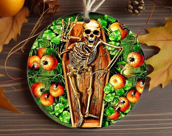 Halloween Tree Porcelain Ornament, Skeleton Coffin Graveyard Ornament Decorations