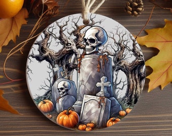 Tombstone Halloween Ornament - Porcelain - 2.875 inches Round - Single/Double Side Print - Fall Ornament Tree Decorations