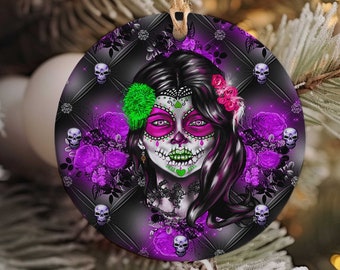 Gothic Sugar Skull Porcelain Christmas Ornament - Macabre Festive Decor with Mexican Folk Art Flair - Day of the Dead Decorations