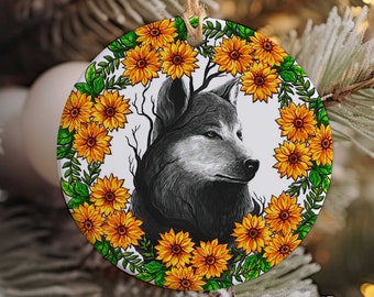 Rustic Wolf Sunflower Christmas Tree Ornament - Porcelain - Single or Double Sided Print - Wolf Lover Gifts